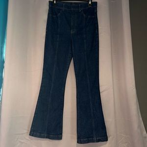 Express high rise dark wash denim flare jeans. 6s